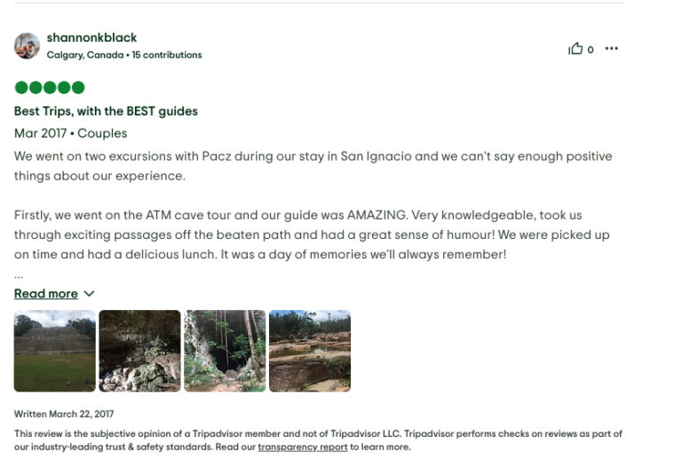 TripAdvisor review from March 2017 by a couple praising their ATM Cave tour guide with photos included
